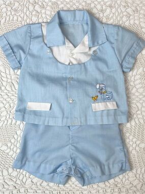 Vintage 1980s Baby Boy 6-12 Months Blue Embroidered Shirt Shorts Outfit
